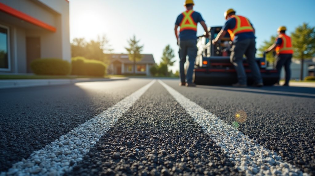 Professional road crew applying fresh commercial line striping on newly paved asphalt in a business parking lot, with workers in safety vests operating striping equipment during sunset.