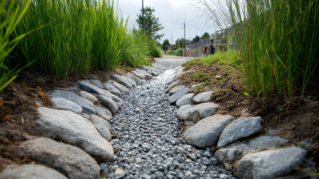 Close up of a drainage swale