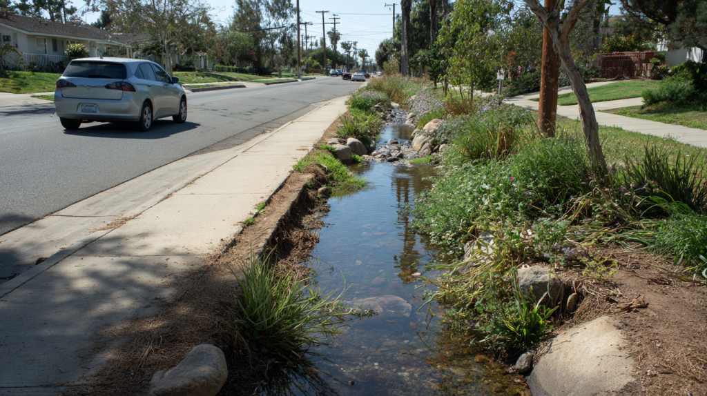 Image of a car close to a road drainage swale