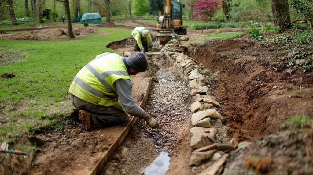 Pavel pavement workers building a drainage swale in a neighborhood