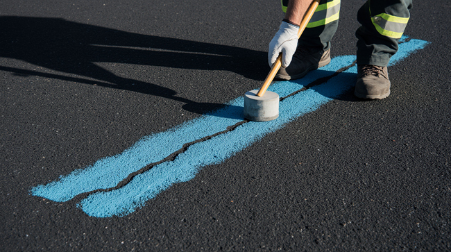 Cracked asphalt being assessed