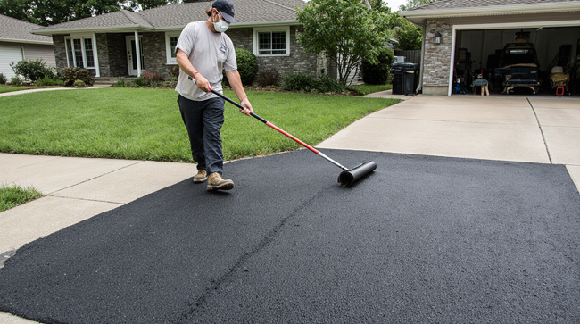 Pavel pavement employee applying driveway sealer